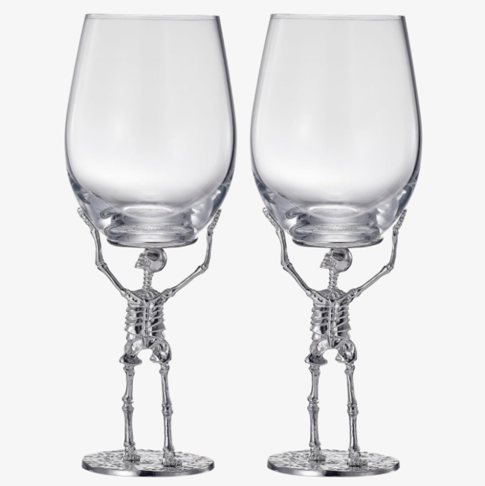 🆕 Well Dressed Home Set of 2 Wine Glasses, Halloween Skeleton Hand Wine Glasses